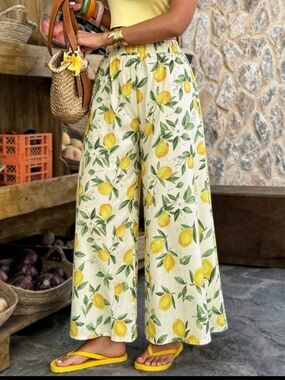 Lemon-Print Wide Leg Pants - Yellow